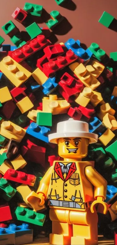 LEGO figure with colorful blocks on a vibrant background.