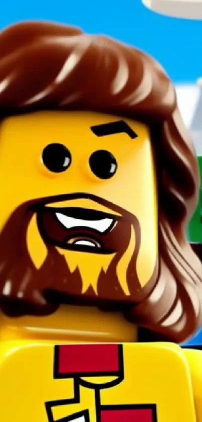 Cheerful Lego figure with a beard on a vibrant yellow background.