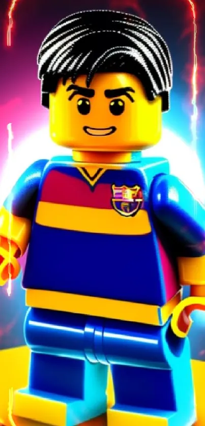 Lego figure in football attire with a neon glow.