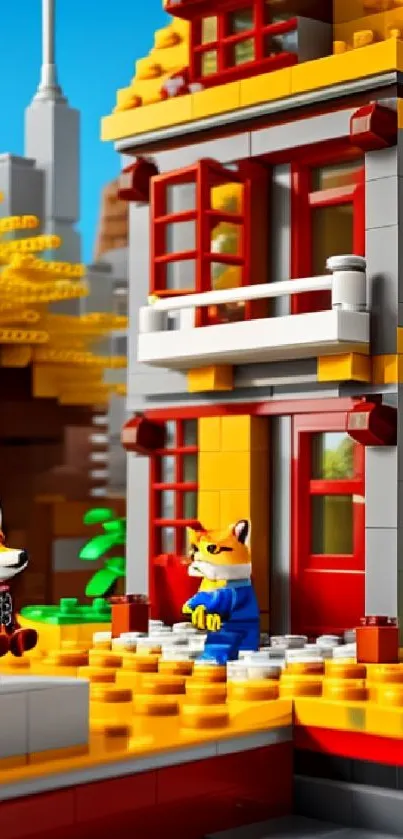 Colorful Lego house and fox figurines in an urban autumn scene.