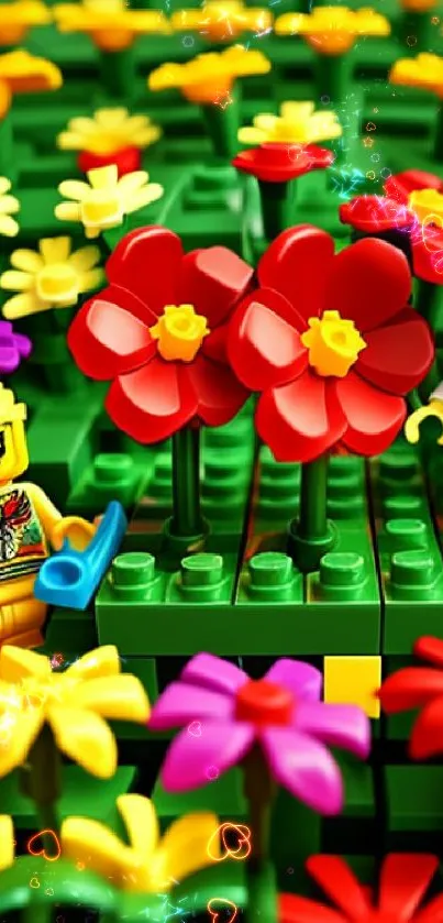 Colorful LEGO garden with flowers and minifigures.