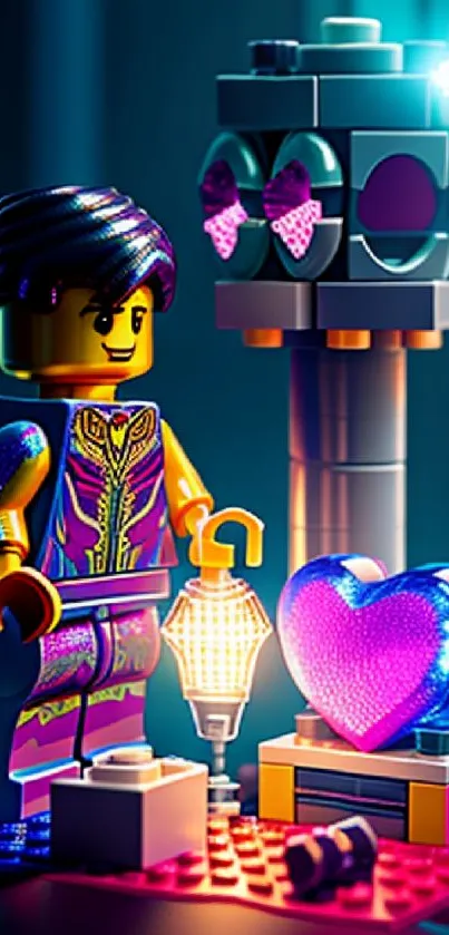 Vibrant LEGO scene with heart and character on dark blue background.