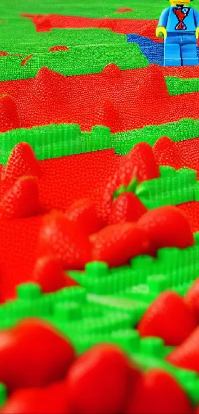 Lego figure amidst green and red Lego blocks with strawberries.