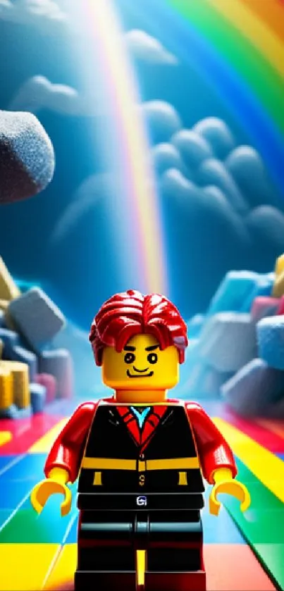 LEGO figure on vibrant rainbow brick path beneath dreamy clouds.