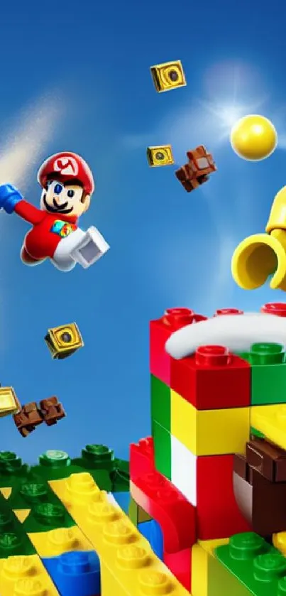 Vibrant Lego-themed wallpaper with Mario and colorful blocks.