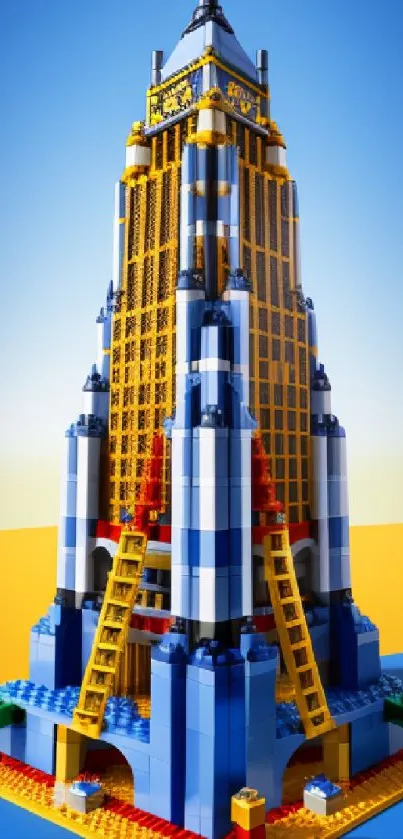 Colorful LEGO tower against a blue sky.