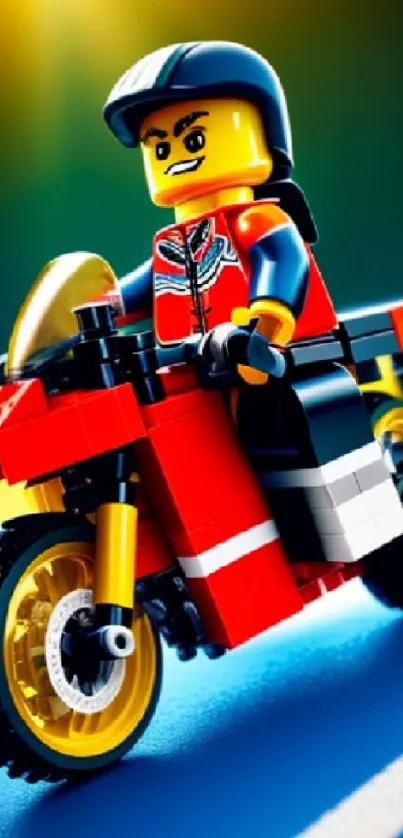 Lego toy figure on a red motorcycle with vibrant colors.