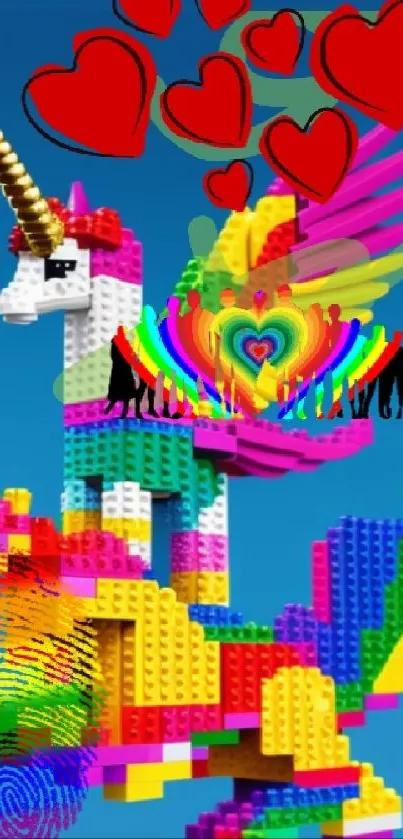 Colorful Lego unicorn with wings and hearts on a blue background.