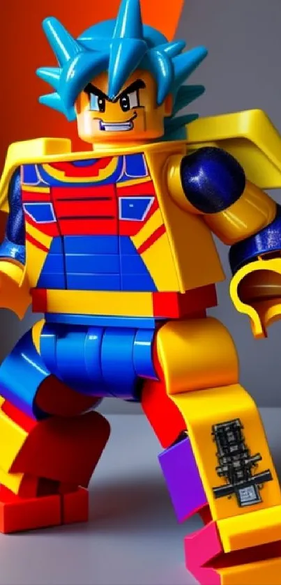 Colorful Lego anime warrior with dynamic pose, ideal for mobile wallpaper.