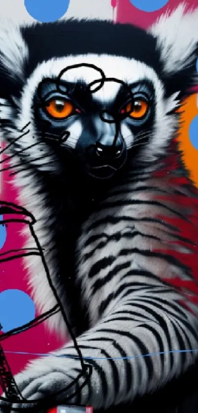 Colorful lemur with spray paint can in striking street art style.