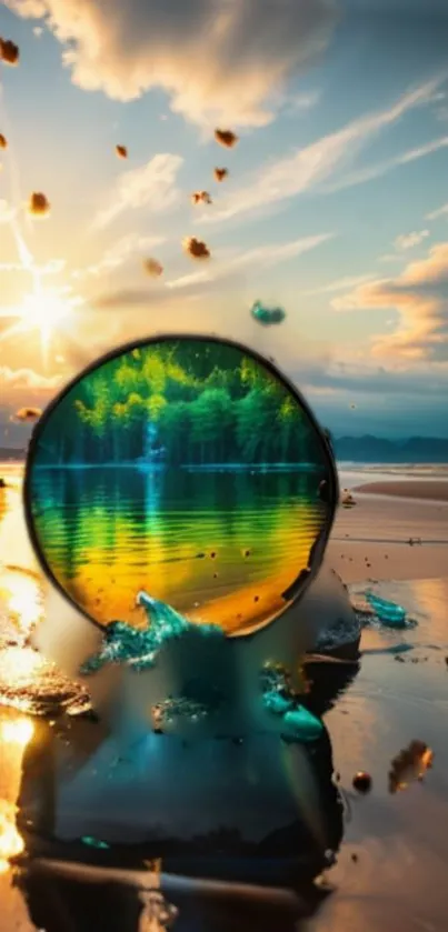 Colorful lens capturing vibrant beach sunset scene with vivid sky and reflections.