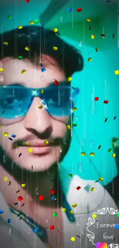 Man with blue sunglasses and confetti on wallpaper