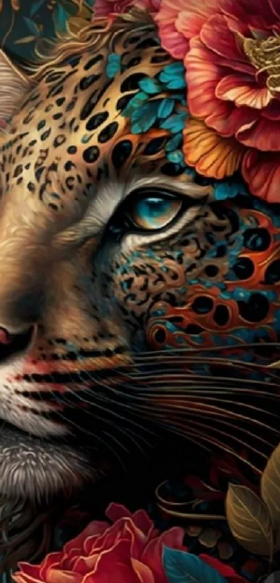 Vibrant leopard and floral fantasy art wallpaper with artistic details.