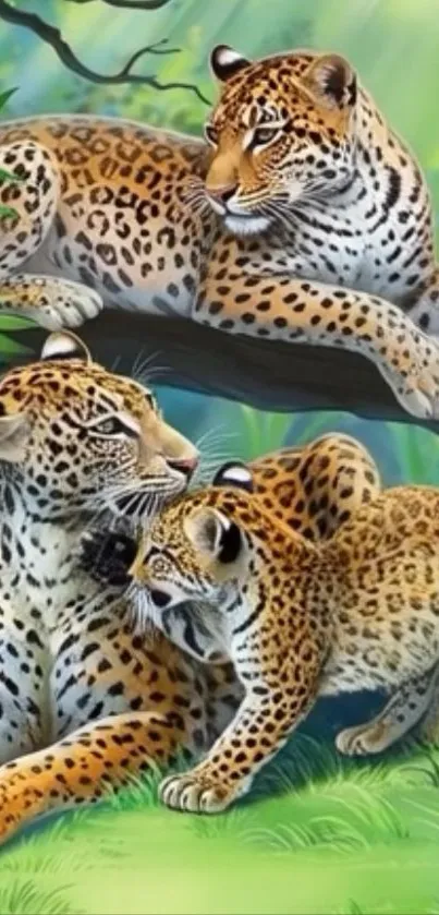 Illustrated leopard family in vibrant jungle setting.