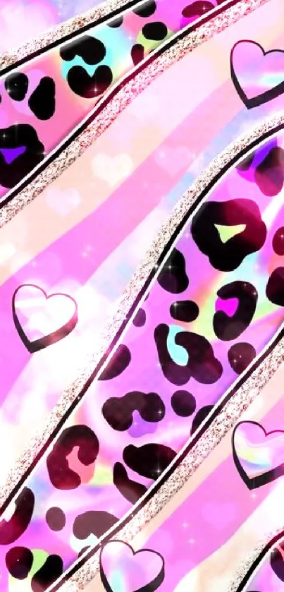 Colorful wallpaper with leopard prints and hearts.