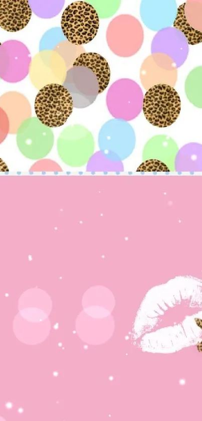 Colorful polka dot and leopard print wallpaper with pink kiss mark.