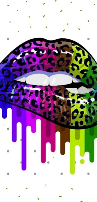 Rainbow leopard lips with dripping paint effect on wallpaper.