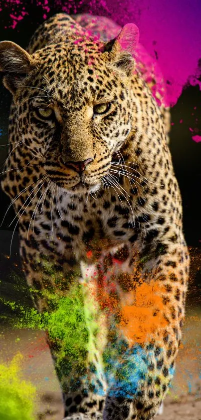 Leopard with colorful paint splashes as a mobile wallpaper.