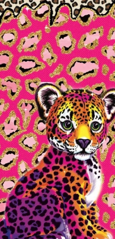 Colorful leopard print wallpaper with vibrant pink and multicolored leopard cub.