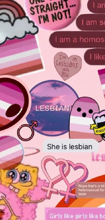 Vibrant lesbian pride collage with pink tones and symbols.