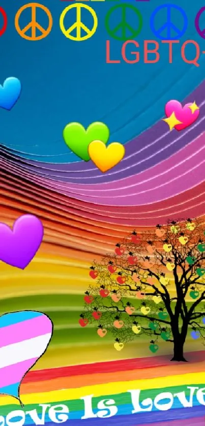 Colorful LGBTQ+ themed wallpaper with rainbow waves and love symbols.