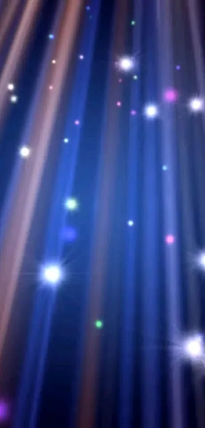 Mobile wallpaper with colorful light beams and glowing stars.