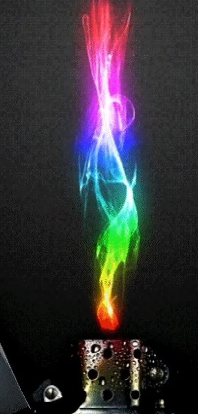 Dynamic rainbow flame from a lighter on a black background.