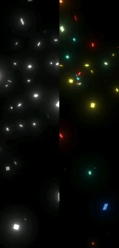 Colorful light particles on a dark background, perfect for a mobile wallpaper.