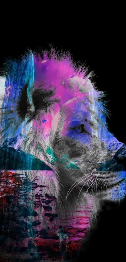 Colorful lion head on black mobile wallpaper.