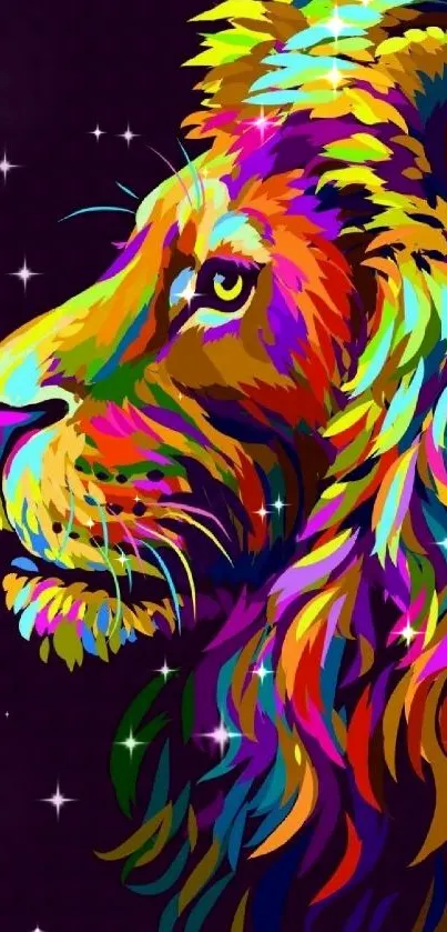 Colorful abstract lion artwork on dark background for mobile wallpaper.