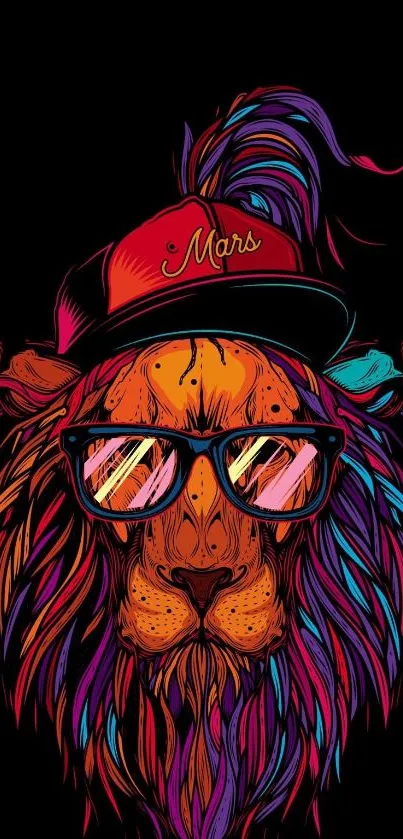 A colorful illustrated lion wearing sunglasses and a hat on a black background.