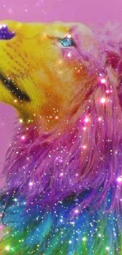 Colorful lion with galaxy mane on purple background.