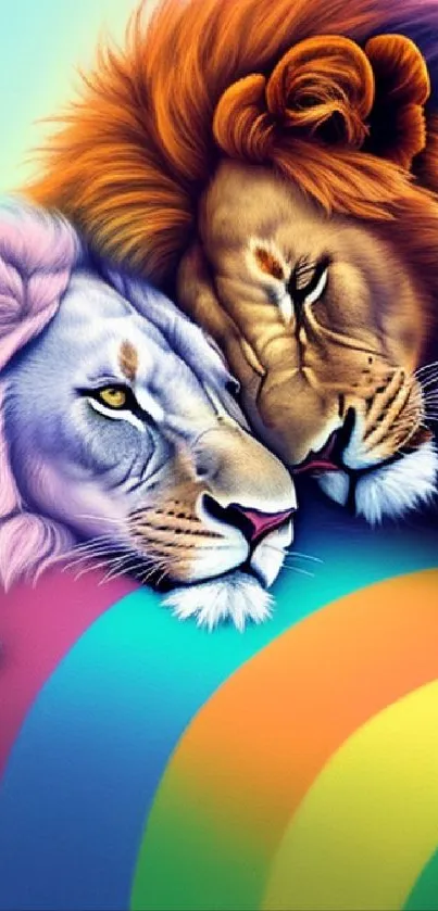 Two colorful lions with a rainbow background