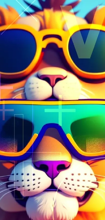 Playful lion art with vibrant sunglasses and colors.