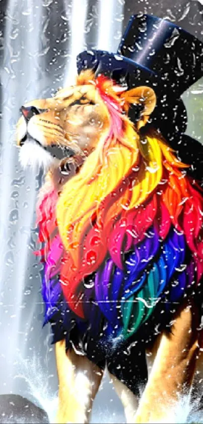 Lion with rainbow mane and top hat by waterfall.