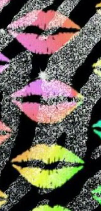 Colorful lips pattern on black background wallpaper.