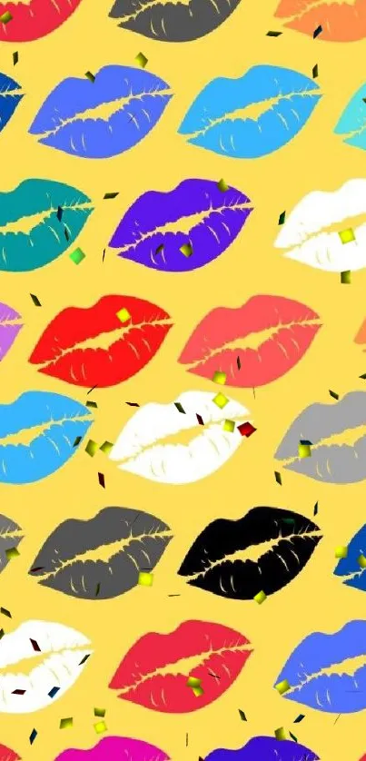 Colorful lip pattern on yellow wallpaper.