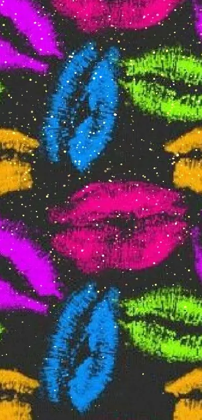 Colorful neon lip print wallpaper on black background.