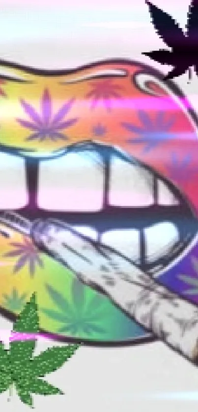 Colorful lips with cannabis leaves and joint on mobile wallpaper.