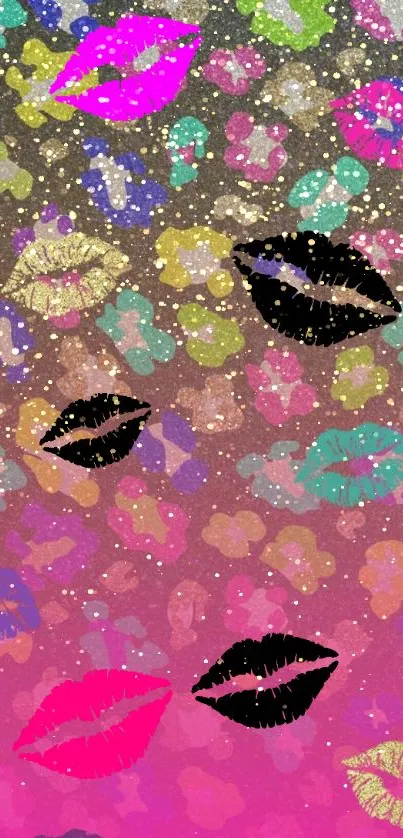 Mobile wallpaper with colorful lips and glitter accents.