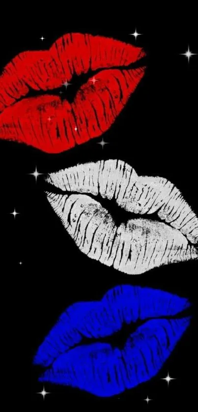 Red, white, and blue lips on a black background mobile wallpaper.