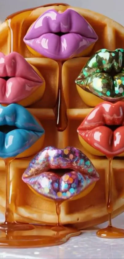 Colorful lips on a waffle with syrup drips.