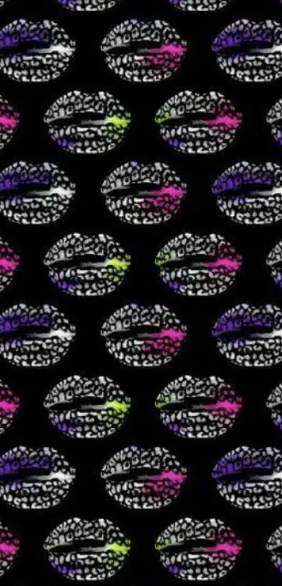 Vibrant colorful lips pattern on black background.