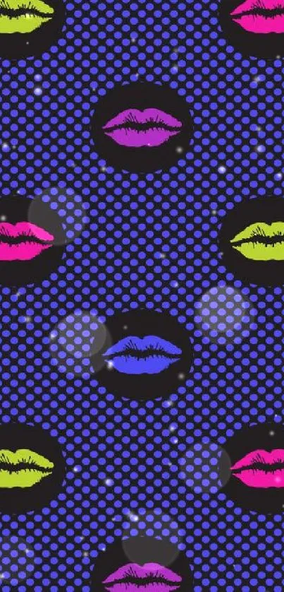 Colorful pop art lips pattern on a midnight blue dotted background.