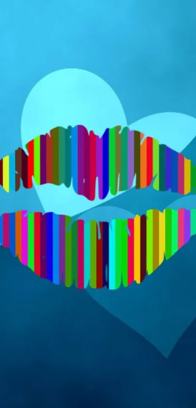 Rainbow-striped lips on a blue heart-patterned background.