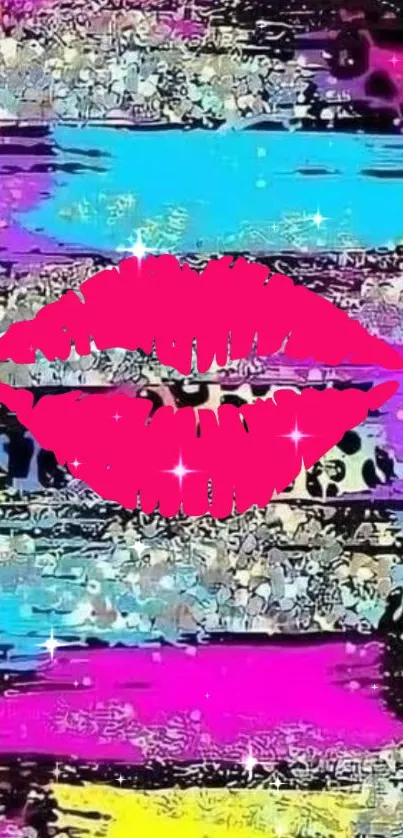 Colorful wallpaper with pink lips and abstract designs.