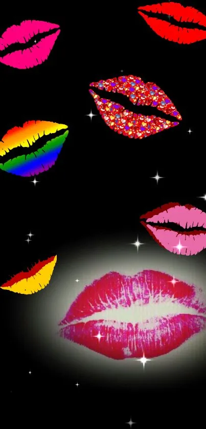 Mobile wallpaper with colorful lipstick prints and stars on a black background.