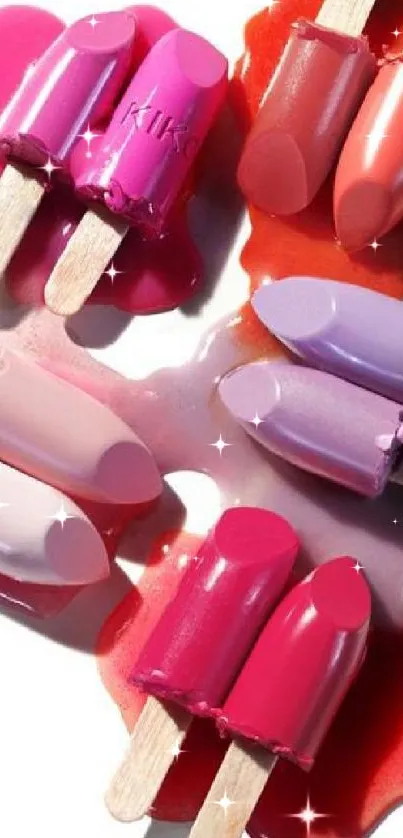 Lipstick popsicles in pink, red, and purple on a white background.