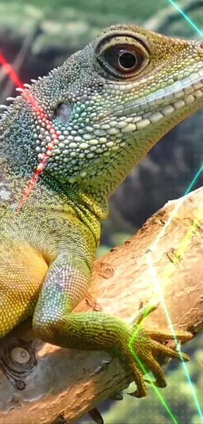 Colorful lizard on branch with neon lights background.