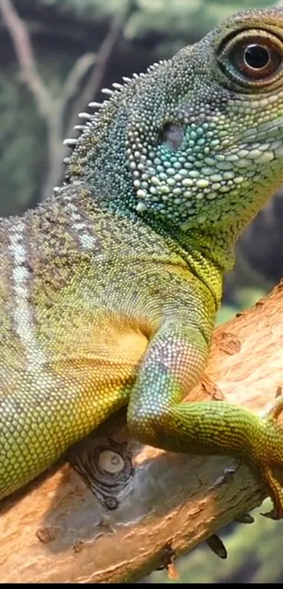 Vibrant green lizard perched on a branch in a natural setting.